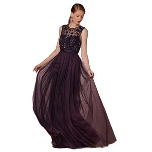 NEEDLE & THREAD Mariel Dress Gown Aubergine Purple Embellished Tulle Maxi 10
